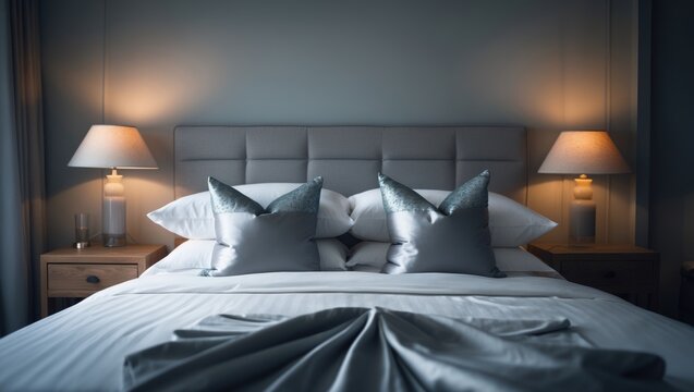 Stylishly made double bed accompanied by cushions and various accessories