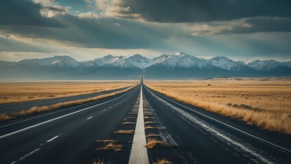Navigating a black asphalt road with white markings under the sun, the highway extends through the prairie toward distant mountain summits in the wilderness. POV from a car in motion.