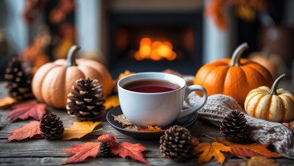 Snug autumn scene. Warm tea, pumpkins, colorful leaves, cones, cozy scarf placed on a rustic wooden table with a fireplace in the background. Autumn coziness in a rural abode.