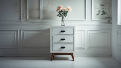 Modern white nightstand equipped with three drawers and topped with a glass flower vase, used as a background for photography.