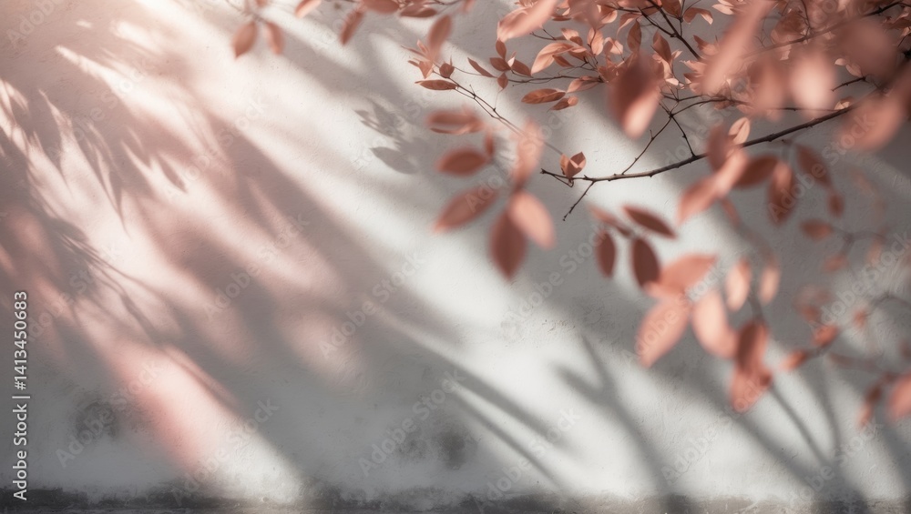 Poster blurred background of tree branch casting rose gold light bokeh shadows on concrete wall texture