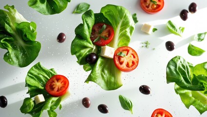 Salad isolated on white - red tomatoes, bell pepper, cheese, basil, cucumber and olives