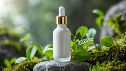 Close-up of a cosmetic product in a glass bottle surrounded by forest elements.