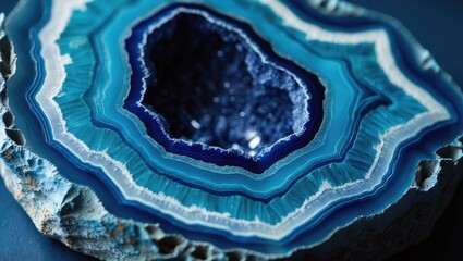 Fototapeta premium Radiant blue geode displaying stunning agate crystal structures and quartz. Perfect for geology lovers and admirers of natural minerals and gemstone aesthetics.