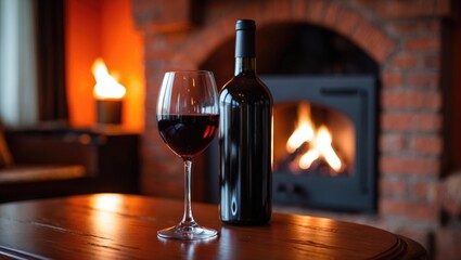 A bottle of red wine next to a glass is prominently displayed, with a warm glow from a lit fireplace creating a cozy atmosphere in the background.
