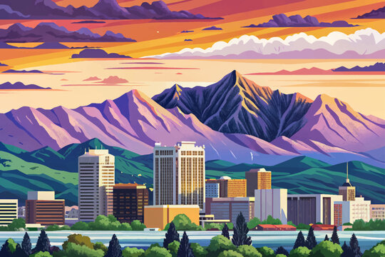 Wasatch Range Utah with Salt Lake City at sunset time, Simple cartoon design Flat style vector illustration