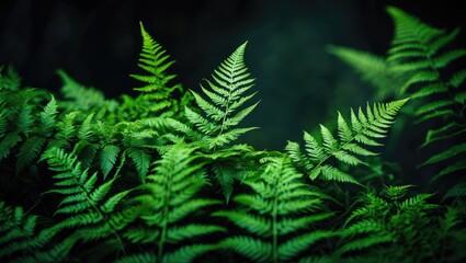 Obraz premium Dark background featuring a close-up of natural green fern leaves texture in the forest.