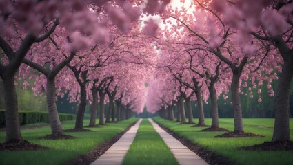 Obraz premium Decorative garden featuring blooming cherry trees on a lush lawn