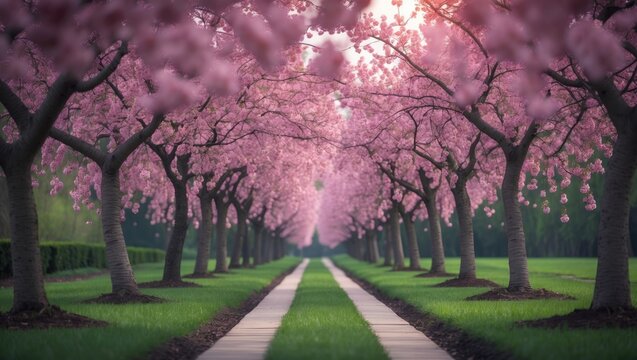 Decorative garden featuring blooming cherry trees on a lush lawn