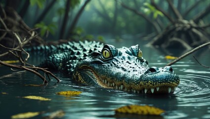 Obraz premium The head of a saltwater crocodile, a notorious man-eater, is seen submerged.