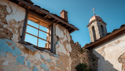 An aged structure featuring flaking walls, a wooden window frame, a deteriorated chimney, and a copper dome topped with a cross against a blue backdrop. Architecture reflecting the essence of the era.