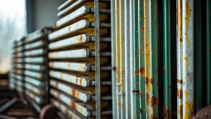 Fototapeta premium Used heating radiators and batteries. Scrap metal for recycling purposes.