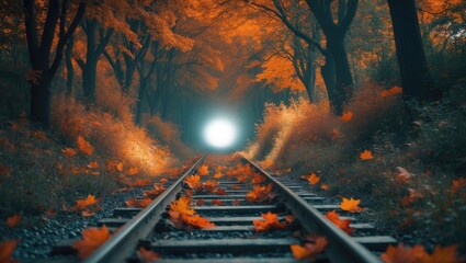 Naklejka premium Autumn Trees Tunnel with Old Railway - Love Tunnel