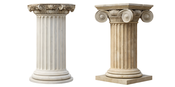 Classic Architectural Columns in Two Styles on White Background, Ancient Structure