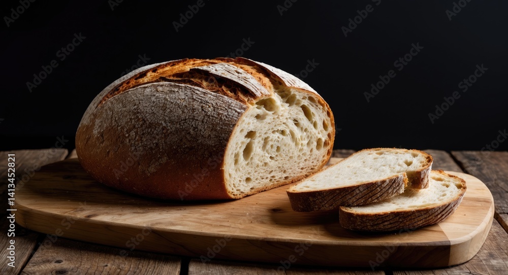 Poster rustic sourdough bread displayed in slices on a wooden tabletop with a dark background and free text