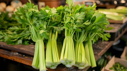 Fresh bunches of vibrant green celery stalks tied together, displayed on a rustic wooden surface at a market.