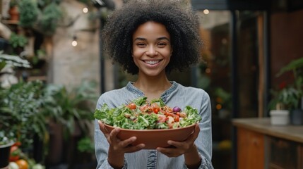 Young african female holding fresh vegetable salad in garden setting