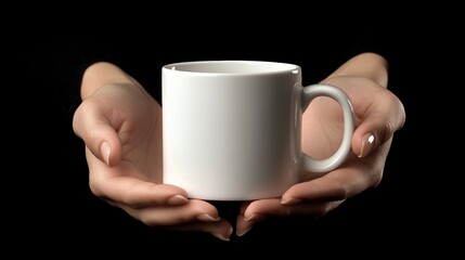 Close-up of female hands holding a plain white ceramic mug on black background