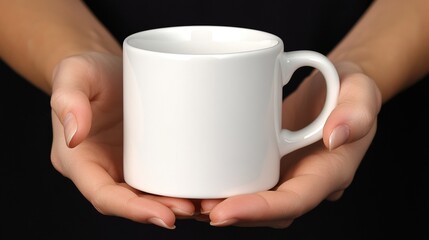 Female hands holding plain white ceramic mug against black background