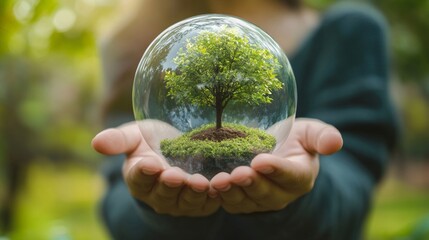 Hands holding small tree in glass globe symbolizing environmental preservation