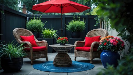 Fototapeta premium Landscaped patio oasis with inviting wicker chairs for relaxation on sunny days