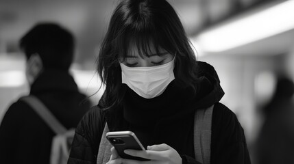 Asian young female wearing mask and using smartphone in subway