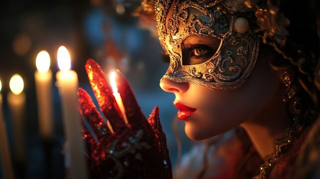 Mysterious masked woman with candlelight reflection at masquerade ball