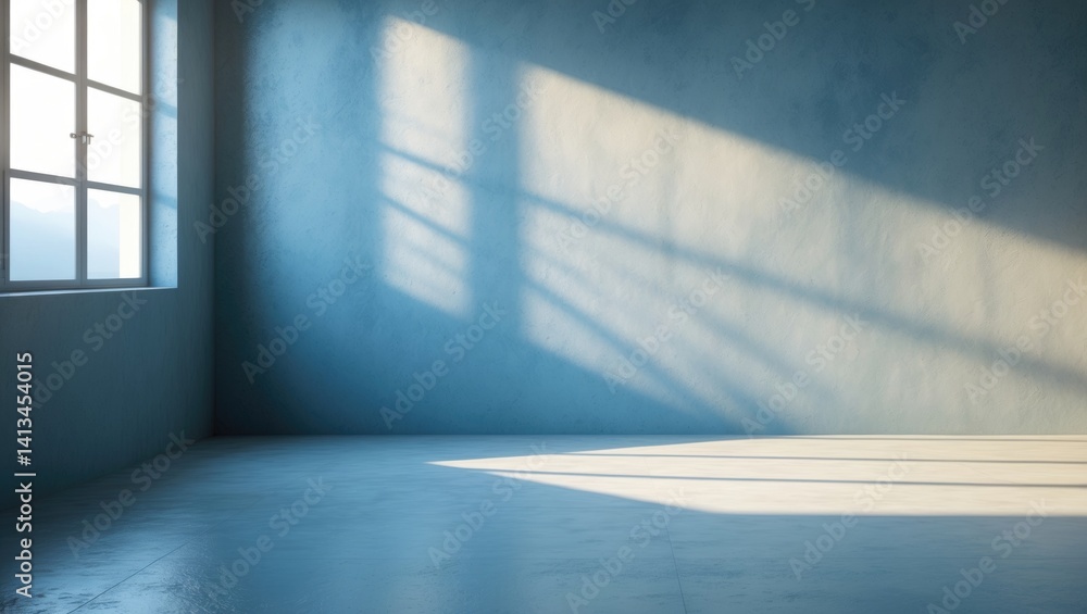 Poster kitchen studio space with window shadows cast on textured surface and empty concrete wall mock-up