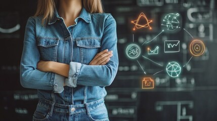 Confident female scientist in denim jacket with digital science icons overlay in laboratory setting