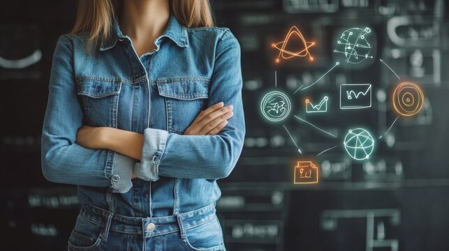 Confident female scientist in denim jacket with digital science icons overlay in laboratory setting - Powered by Adobe