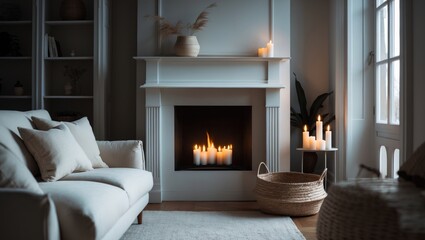 Fashionable sitting room showcasing a gorgeous fireplace, sofa, and diverse ornaments.