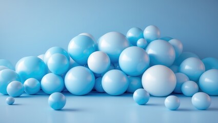 Background of Light Blue Balloons, Striking Pastel Shades and Soft Focus. Party Balloon Photo Wall Decoration for Children. Event Celebration Background.