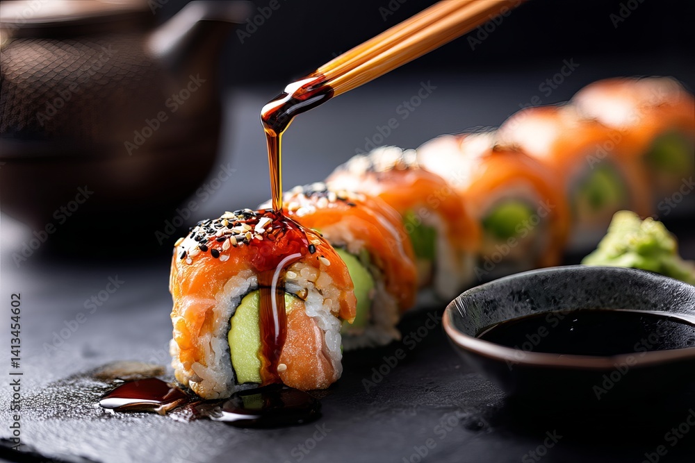 Poster salmon sushi roll being drizzled with sauce using chopsticks on a dark textured surface close up vie