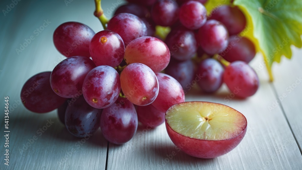 Poster a single sliced grape on a wooden surface, macro shot from above.