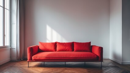 Current home styling. The fashionable design of a lounge with a crimson sofa. An open space for your ideas. Premium quality photo.