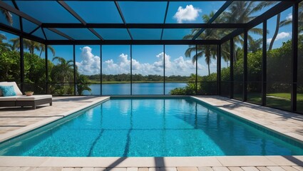Modern home with a screened glass lanai, private pool, and picturesque views of a blue tropical lake