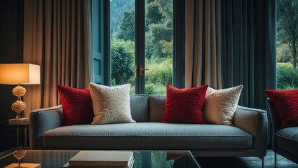 Trendy living room design showcasing red pillows on the settee and a decorative lamp on the table