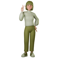 3D Render of a casual young woman in green outfit. Showing Peace Sign with left hand. advertising, presentations, UIUX design, promotional materials.