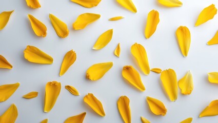 Close-up view of orange marigold flower petals from above. Flat lay on a white surface.