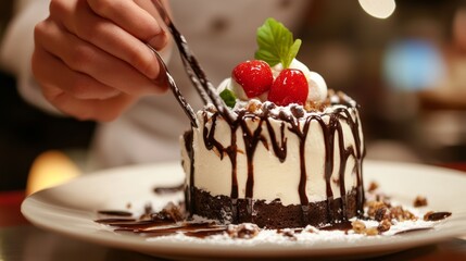 Chef garnishing a dessert in a fine dining restaurant. Featuring dessert decoration and culinary finesse