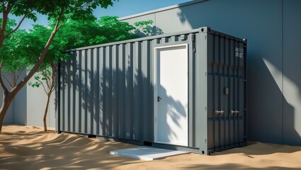 Fototapeta premium Gray container with white access door designed for living or staying inside, Portable shipping container for residence or home