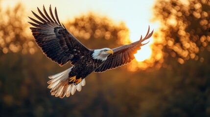Majestic Bald Eagle in Flight Against a Golden Sunset Sky