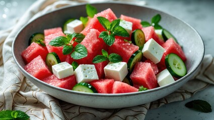 Detailed view of a summer salad with feta cheese, watermelon, mint, and cucumber, showcasing shadows.