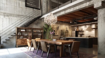 Urban industrial dining space with exposed beams, raw textures, and a fusion of modern and vintage elements