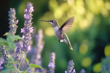 Obraz premium Hummingbird hovers near purple flowers in a garden setting with blurred background.