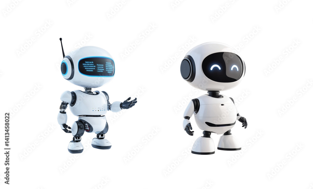 Poster two friendly white robots with round heads and smiling faces standing together