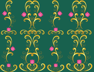 Seamless vector luxury pattern with decorative vintage golden elements and pink flowers on a very dark cyan-lime green background.