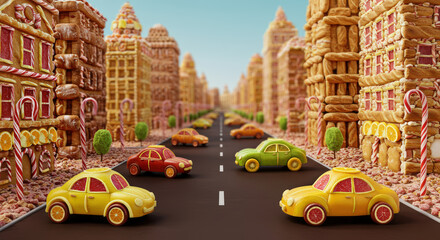 Fototapeta premium Miniature food town with candy buildings and colorful cars