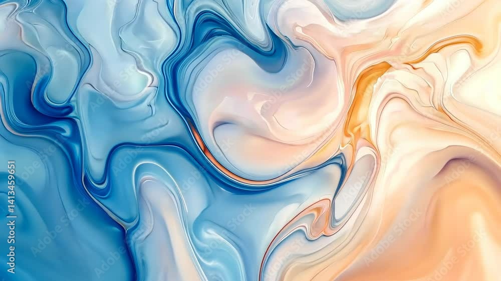 Poster fluid patterns of blue and orange swirl together in a mesmerizing display of color and movement, inv