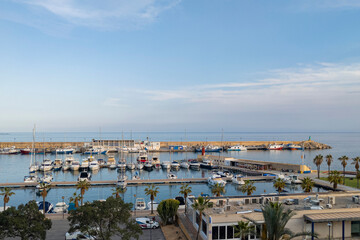 Marina with sailboats in Villajoyosa, Alicante, Spain. Sport yachts and boats in the marina at...